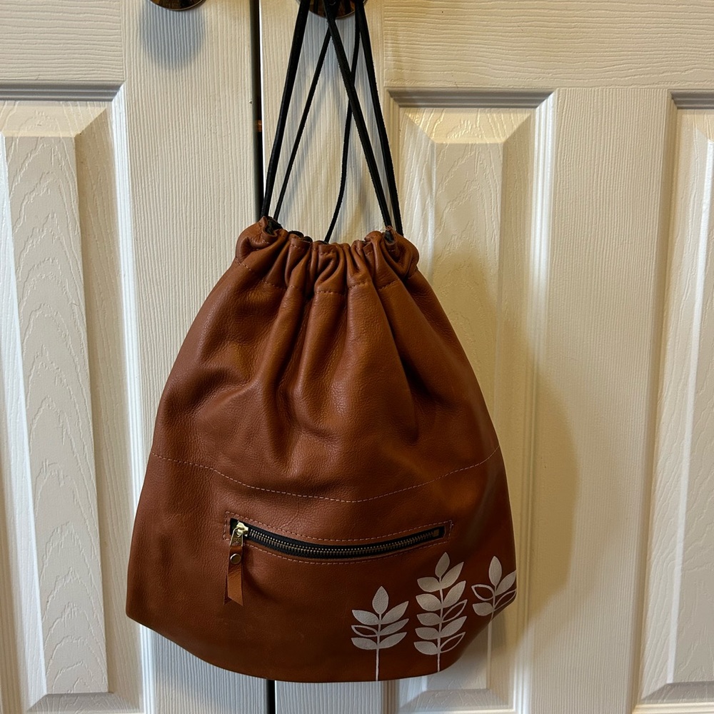 Leather Draw String Backpack Bag With Silkscreene… - image 7